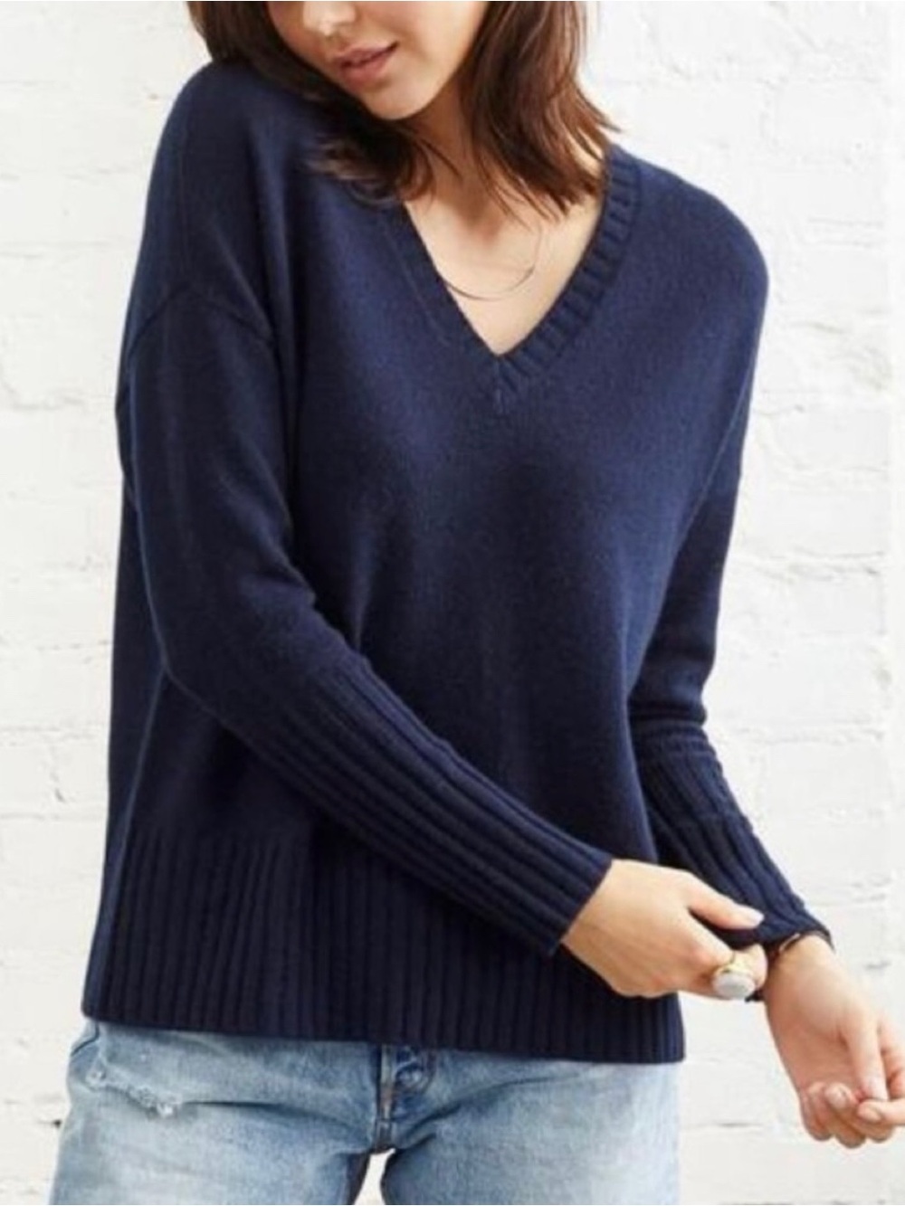 Not Monday Ella Cashmere V-Neck Sweater Size L Navy Blue Slouchy Quiet Luxury